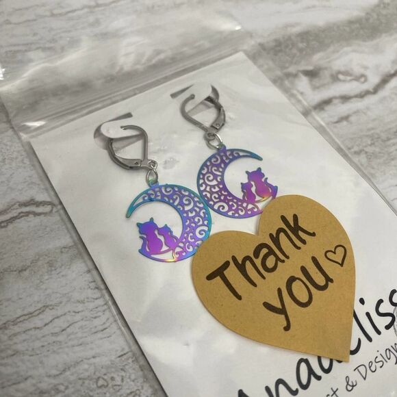 Anadeliss Handmade Crescent Moon Cats Rainbow Steel Etched Earrings Halloween - Picture 4 of 9